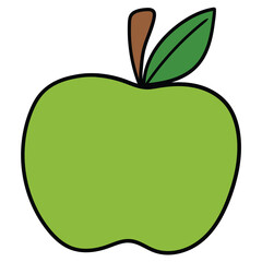 Hand-drawn cartoon green apple with green leaf on a white background.