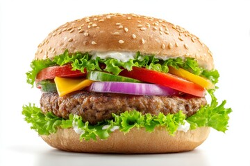 Delicious cheeseburger with fresh vegetables and sesame seed bun