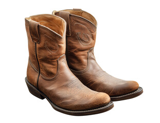 Pair of brown leather cowboy boots with intricate details on a unique isolated on a white background