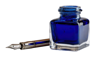 A deep blue inkwell and a fountain pen
