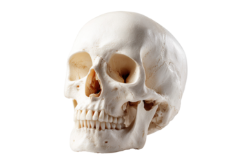 A white skull with a mouth open and teeth showing