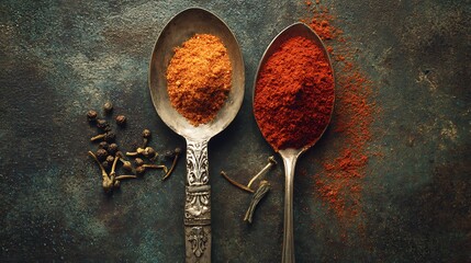 Paprika and chili powder in antique spoon on textured background spicy seasoning flat lay earthy kitchen styling