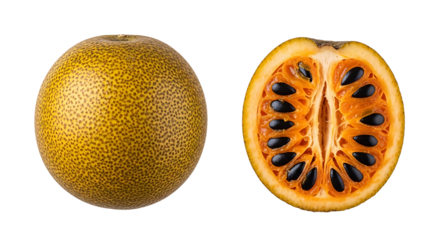 Halfcut bael fruit revealing black seeds and whole bael fruit with textured skin.