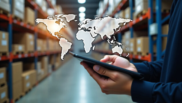 Person using smartphone with holographic world map overlay in a warehouse