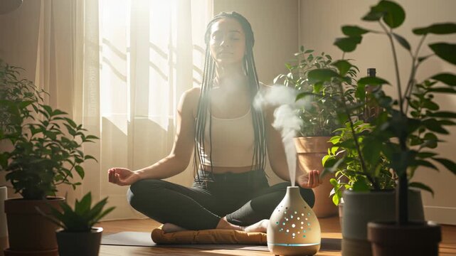 Tranquil meditation amidst lush indoor plants with aromatherapy diffuser