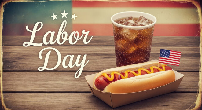 Enjoying a classic american hot dog and soda on a rustic wooden table with a vintage american flag background for labor day
