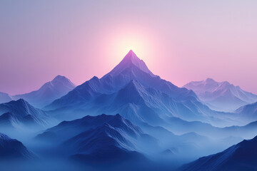 Obraz premium Serene mountain range at sunrise, bathed in soft purple and blue hues, mist shrouding the valleys.