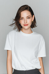 Fototapeta premium A beautiful female model wearing a small white t-shirt. A product shot for fashion and apparel. best use for mockup.