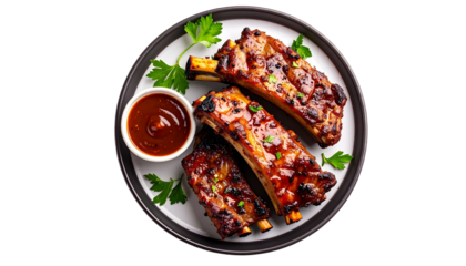 Beef Steak Grilled Barbecue Rib with Sauce on Plate, Isolated on Transparent Background, Top View