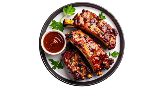 Beef Steak Grilled Barbecue Rib with Sauce on Plate, Isolated on Transparent Background, Top View