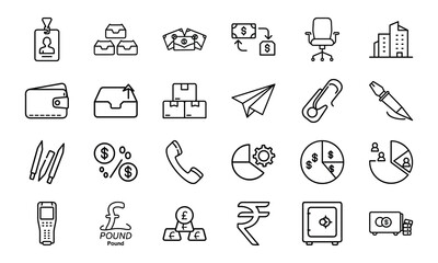 Fototapeta premium Business and Office Icon Bundle – Finance, Currency, Communication, Charts, ID, Pen, Office Tools, Safe, and Company Line Icons for Corporate Design and UI