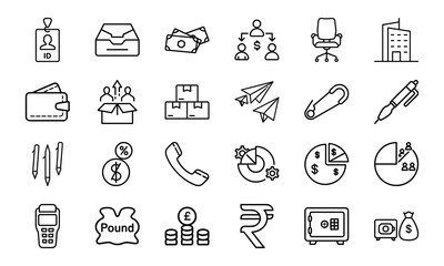 Business and Office Icon Bundle – Finance, Currency, Communication, Charts, ID, Pen, Office Tools, Safe, and Company Line Icons for Corporate Design and UI