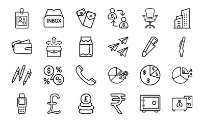 Business and Office Icon Bundle – Finance, Currency, Communication, Charts, ID, Pen, Office Tools, Safe, and Company Line Icons for Corporate Design and UI