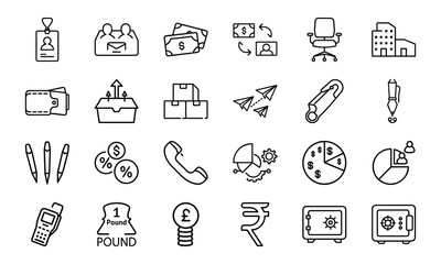 Business and Office Icon Bundle &ndash; Finance, Currency, Communication, Charts, ID, Pen, Office Tools, Safe, and Company Line Icons for Corporate Design and UI