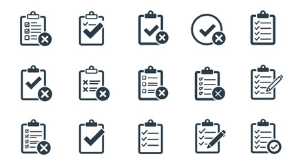 Clipboard Checklist Icons with Check Marks and Crosses in Silhouette Style silhouette