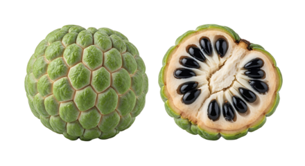 Two custard apples one whole with textured skin the other halved revealing black seeds and creamy pulp.