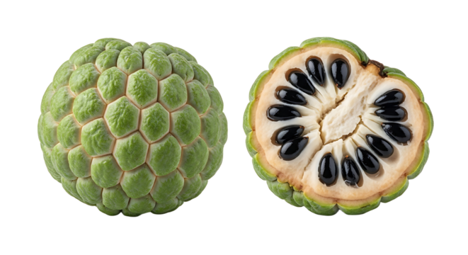 Two custard apples one whole with textured skin the other halved revealing black seeds and creamy pulp.