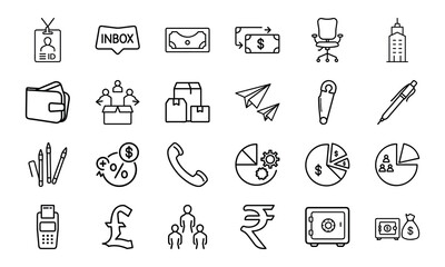 Business and Office Icon Bundle – Finance, Currency, Communication, Charts, ID, Pen, Office Tools, Safe, and Company Line Icons for Corporate Design and UI