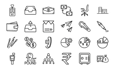 Fototapeta premium Business and Office Icon Bundle – Finance, Currency, Communication, Charts, ID, Pen, Office Tools, Safe, and Company Line Icons for Corporate Design and UI