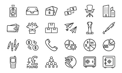 Fototapeta premium Business and Office Icon Bundle – Finance, Currency, Communication, Charts, ID, Pen, Office Tools, Safe, and Company Line Icons for Corporate Design and UI