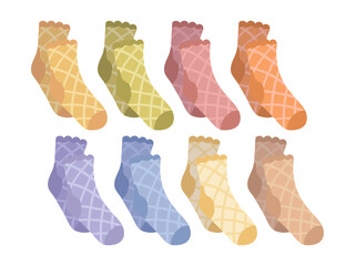 Collection of trendy cotton and woolen socks with textures isolated on white background. Vector illustration. Knitted socks set different colors.