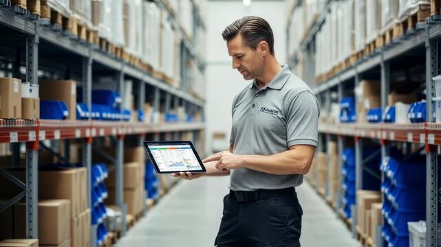 Manager tracking stock levels using digital system in storage facility.