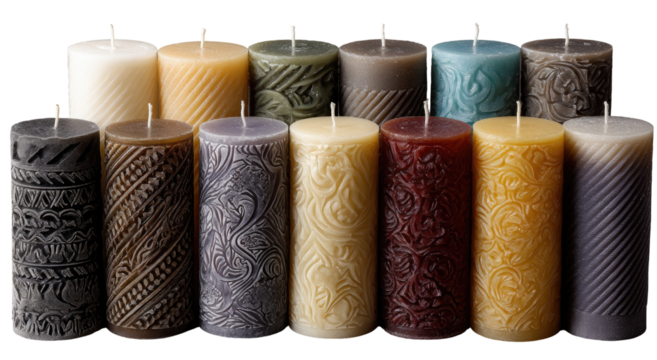A collection of cylindrical candles,  various colors and textured designs