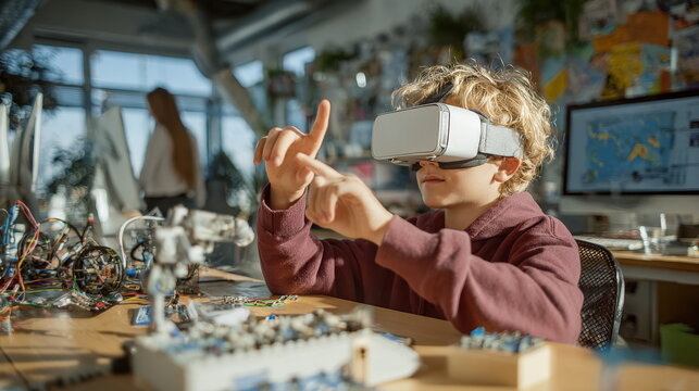Young engineer wearing virtual reality headset interacting with digital interface while building robots in a high tech laboratory