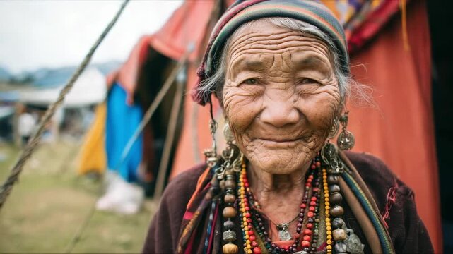 Old tribal tibet woman smiling on camera with colorful tends village in background - Culture and tradition concept - Model by AI generative 