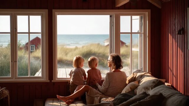 Mother and children looking to the sea inside beach house - Vacation, motherhood and family concept - Models by AI generative