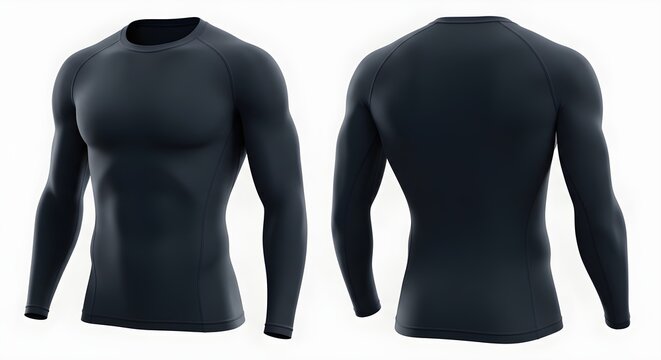 Front and back view of a dark athletic compression shirt, isolated.