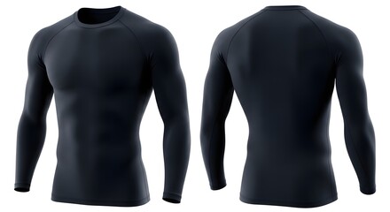 Front and back view of a long-sleeved, black compression shirt, ideal for athletic wear or base layers.