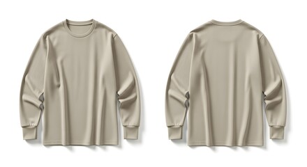 Naklejka premium Front and back view of a beige long-sleeved t-shirt, laid flat on a white surface.