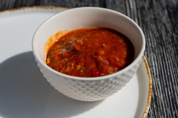 A bowl of borscht soup in a cafe. 
