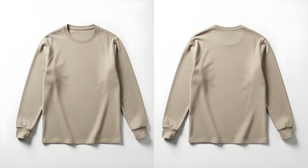 Beige long-sleeve t-shirt, front and back views, displayed on a plain background.