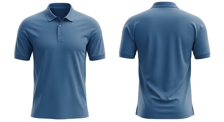 Front and back view of a blue polo shirt, isolated on a white background, showcasing the garment's design.