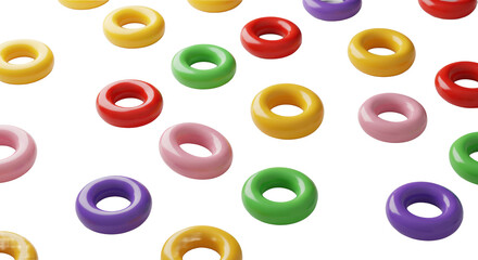 Fototapeta premium Abstract, glossy, vibrant colored ring objects (orange, red, pink, green, yellow, purple) scattered on a transparent studio flat lay, ample negative space concept of playful innovation and diversity