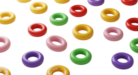 Abstract, glossy, vibrant colored ring objects (orange, red, pink, green, yellow, purple) scattered on a transparent studio flat lay, ample negative space concept of playful innovation and diversity