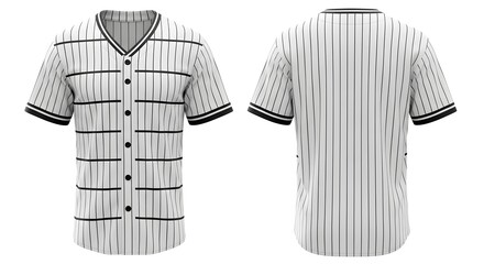 Front and back view of a striped baseball jersey, isolated on white.