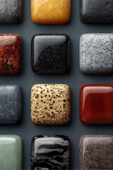 Square stone samples in various colors and patterns