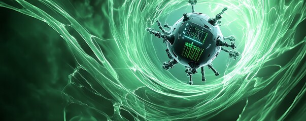 Advanced molecular nanobot floating inside green plasma vortex analyzing data