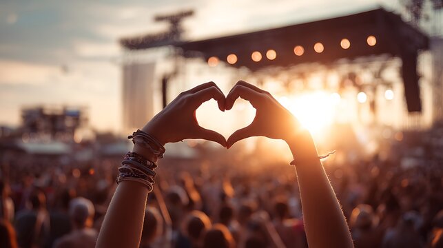 Person forms heart hands at beach music festival with sunset light and crowd enjoying outdoor summer concert - Powered by Adobe