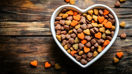 Pet food made from fresh healthy ingredients in heart shaped bowl displayed top down on table