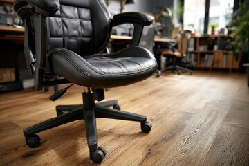 Black leather office chair on light brown wood floor