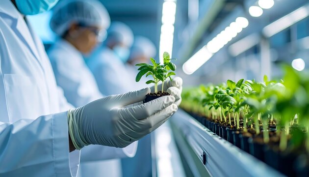 Scientists examining young plants in a modern greenhouse