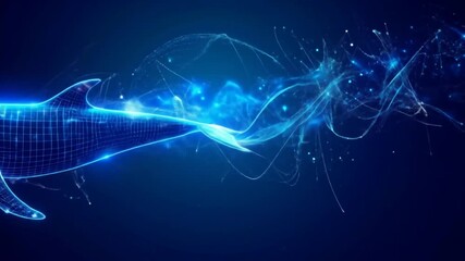 A neon blue, wireframe shark swims to the right against a dark blue background, trailing glowing particles. - Powered by Adobe