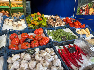 Various vegetables sold in the shops within the Viktualienmarkt market in Munich, Germany.