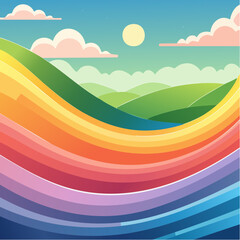 Obraz premium A vibrant, stylized landscape illustration with a large rainbow flowing over rolling green hills under a sunny sky.