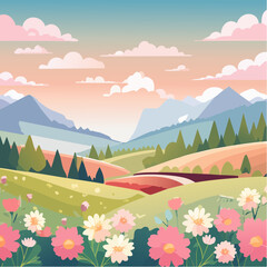 Fototapeta premium A picturesque landscape illustration showing colorful flowers, rolling green hills, and distant mountains under a pastel sky.