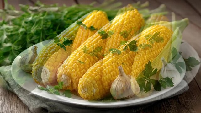 Fresh corn and garlic on a serving plate with garnished parsley on a rustic wooden table